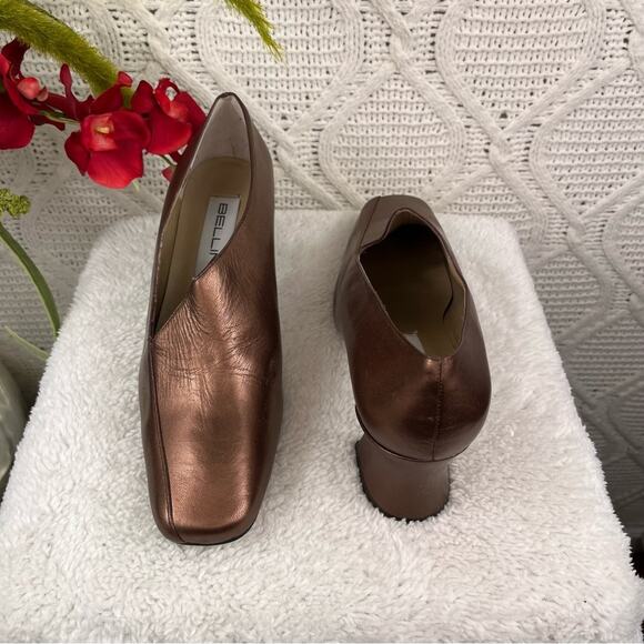 NWT VTG BELLINI Copper Asymmetric 90s Metallic Leather Spool Block Heels Sz 8.5 - Picture 2 of 8
